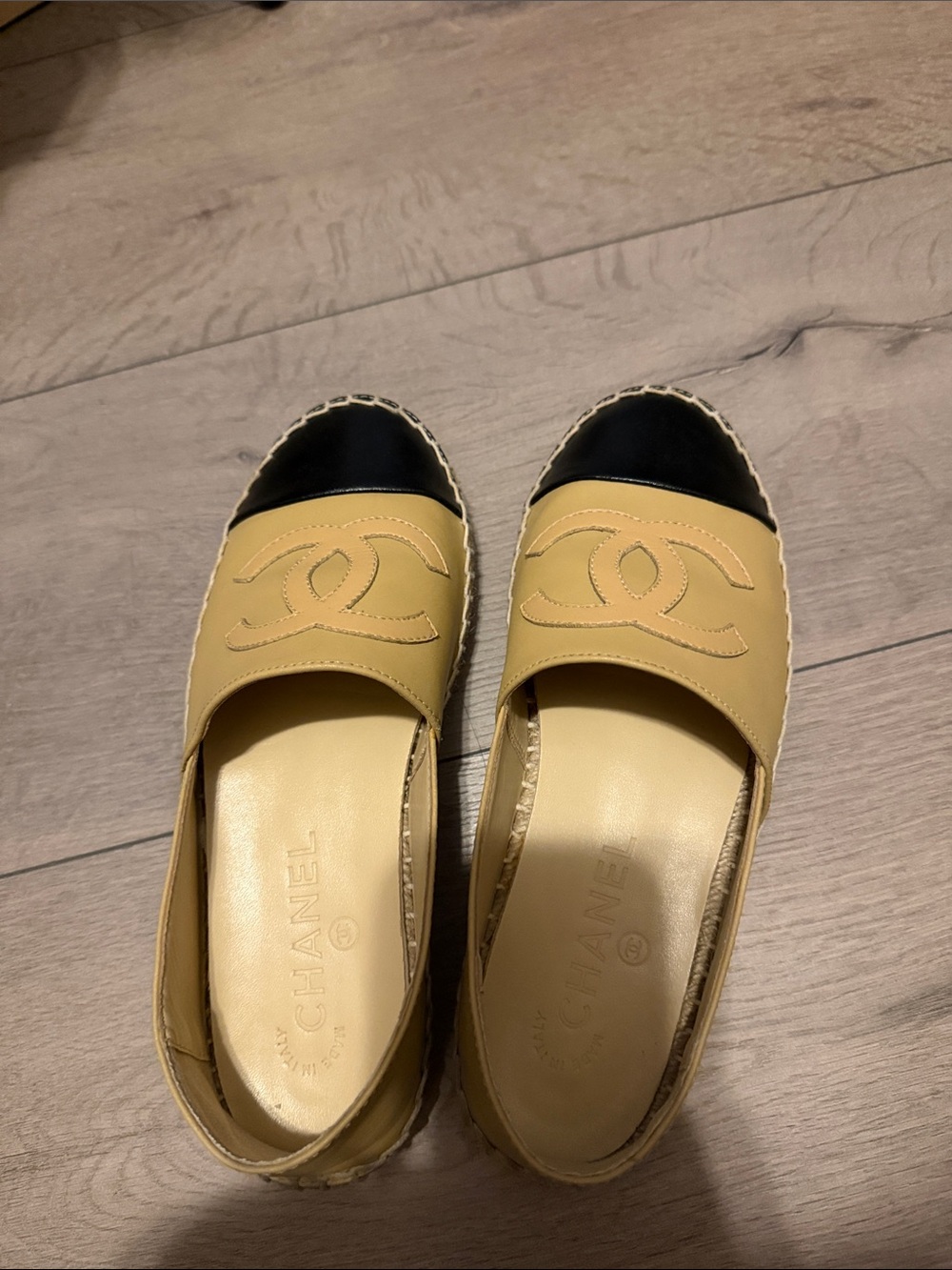 CHANEL Yellow Leather Espadrilles with Black Cap Toe
